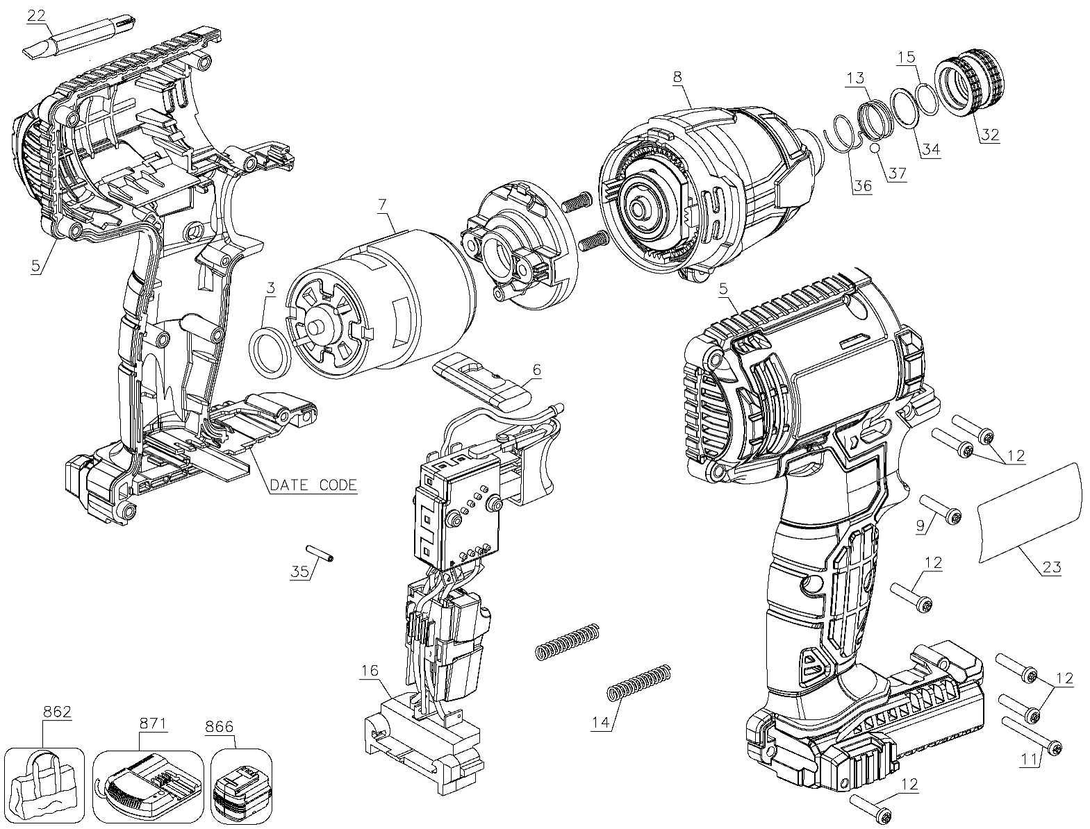 Default Diagram and Parts List for Type 1 Porter Cable Impact Driver